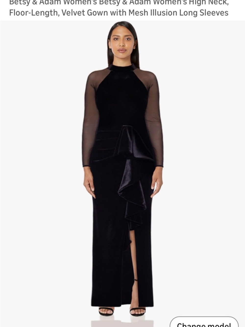 Betsy & Adam Black Velvet High-Neck Evening Gown with Mesh Sleeves